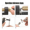 Four steps demonstrating the operation of a universal chain breaker tool for motorcycle, bicycle, and ATV chains.