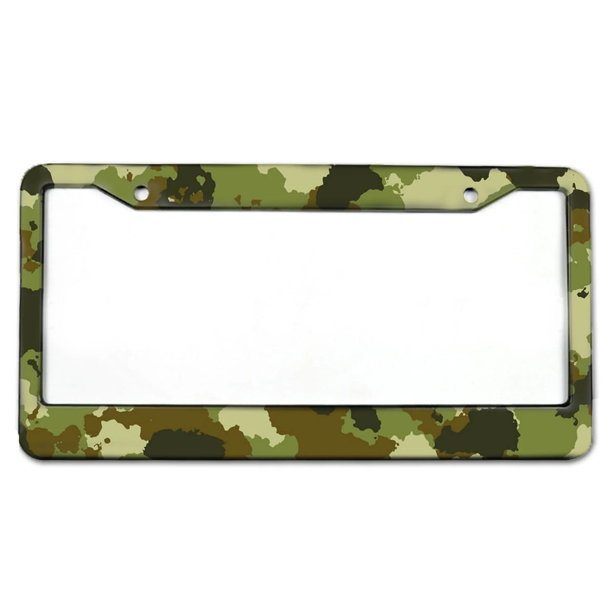 A rectangular license plate frame with a camouflage pattern border for US cars.