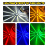 Four panels showing the lighting effect of car lights: white, orange, red, and blue beams.