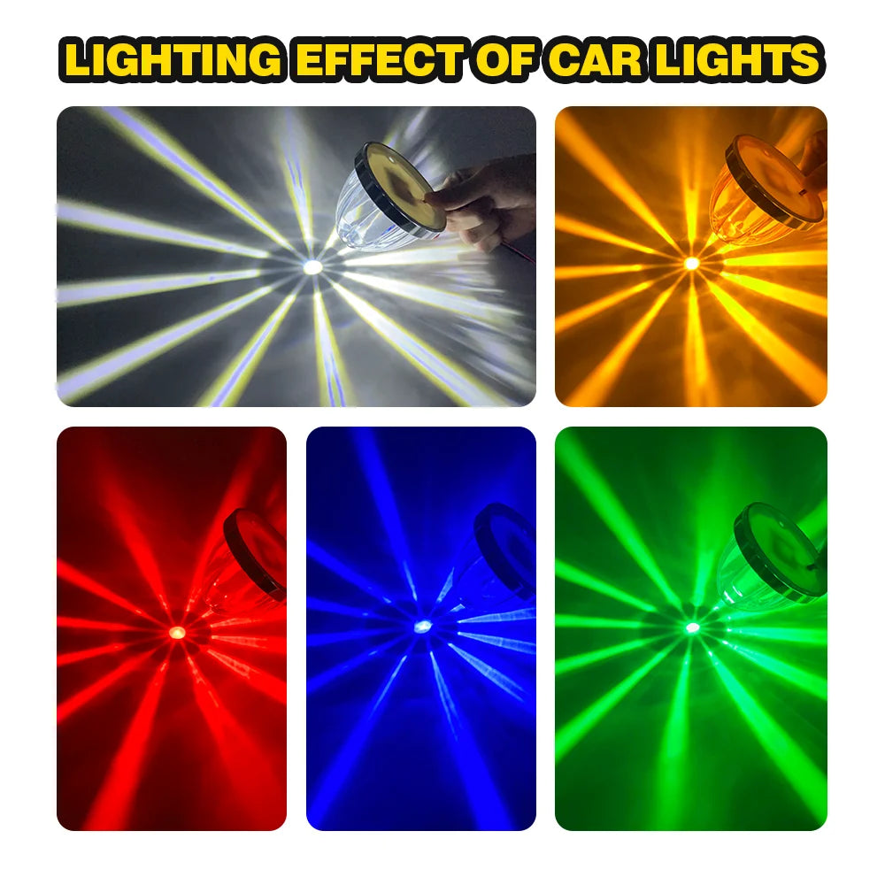 Four panels showing the lighting effect of car lights: white, orange, red, and blue beams.