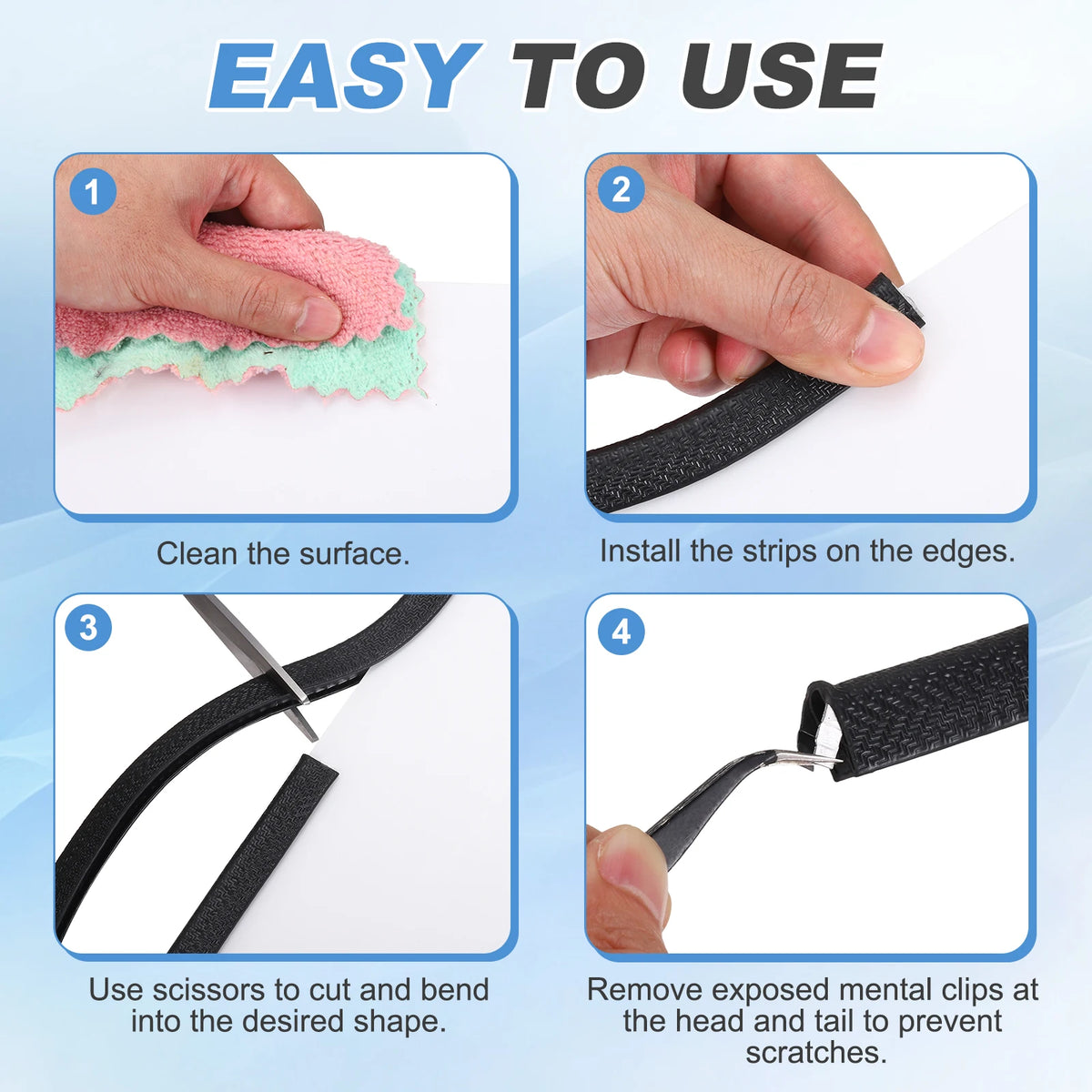 Instrucciones que muestran cómo limpiar una superficie, instalar tiras en los bordes, cortar y doblar tiras, y quitar clips p
