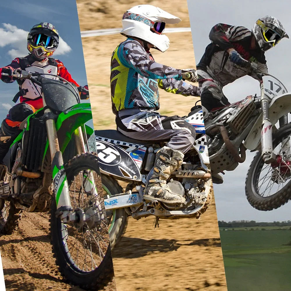 A composite image showing a rider on an off-road motorcycle with goggles and protective gear in daylight.