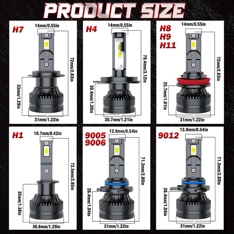 Una cuadrícula que muestra varios tamaños de bombillas para faros de coche LED H1, H4, H7, H8 y H9 con diferentes diámetros.