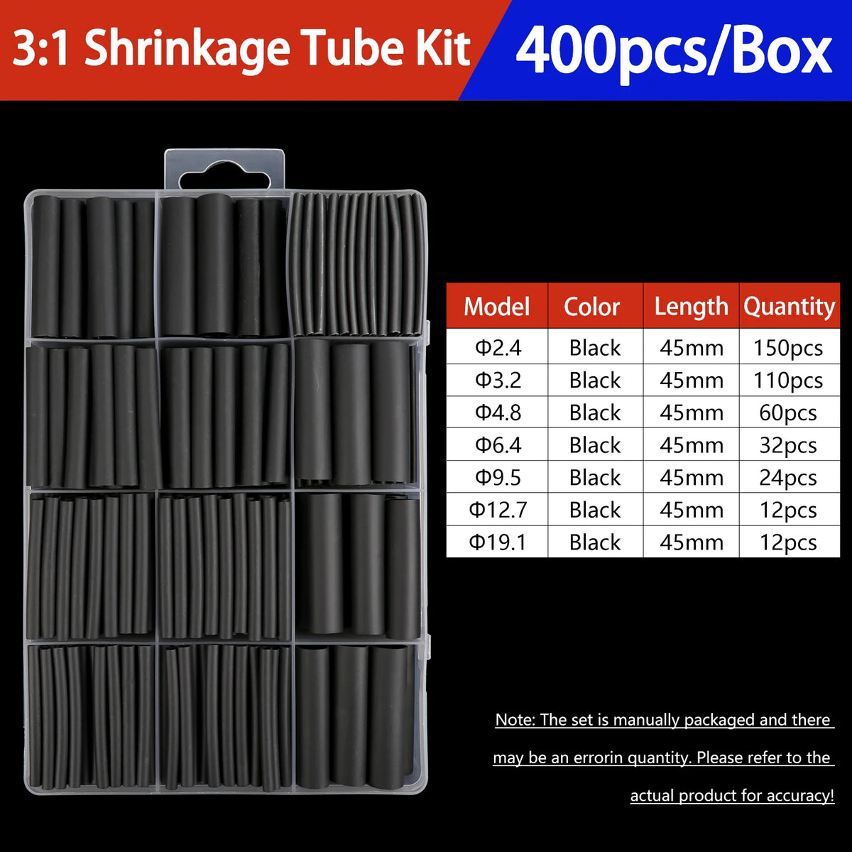 A box of 400 pieces of 3:1 shrinkage tubing kit with various diameters and lengths of black heat shrink tubing.