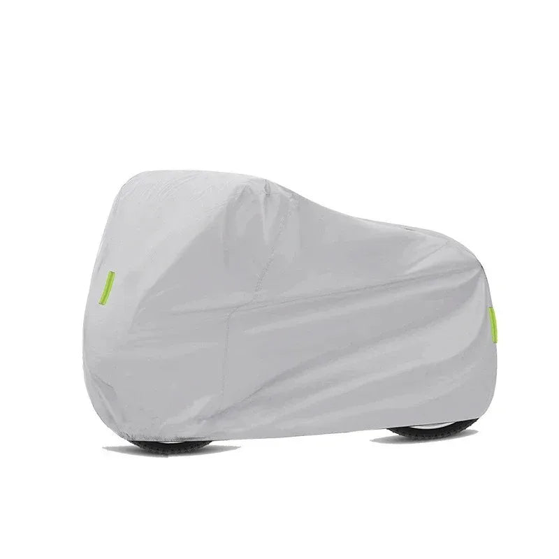 A gray waterproof cover for a motorcycle or scooter is shown lying flat.