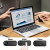 A hand is demonstrating a sliding privacy camera cover for a laptop, showing open and closed positions.