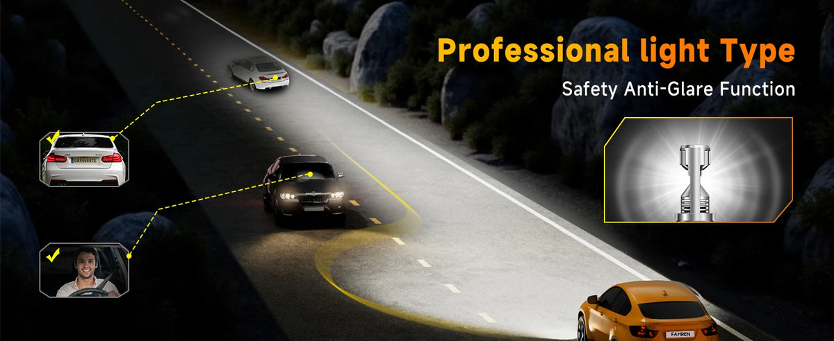 A road scene showing a car driving on a road, with an inset of a car and a light bulb design.