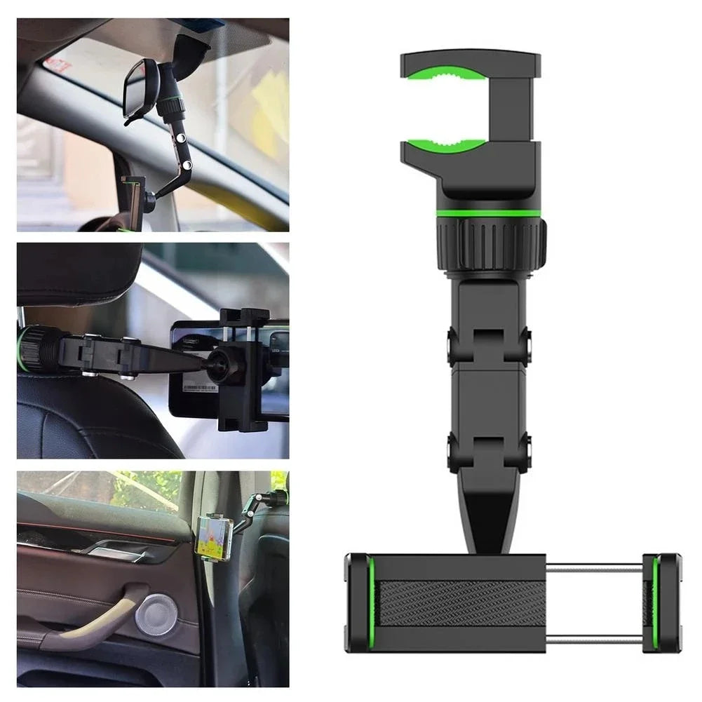 Soporte para teléfono de coche negro giratorio 360° diseñado para fijarse al espejo retrovisor para visualización manos libre