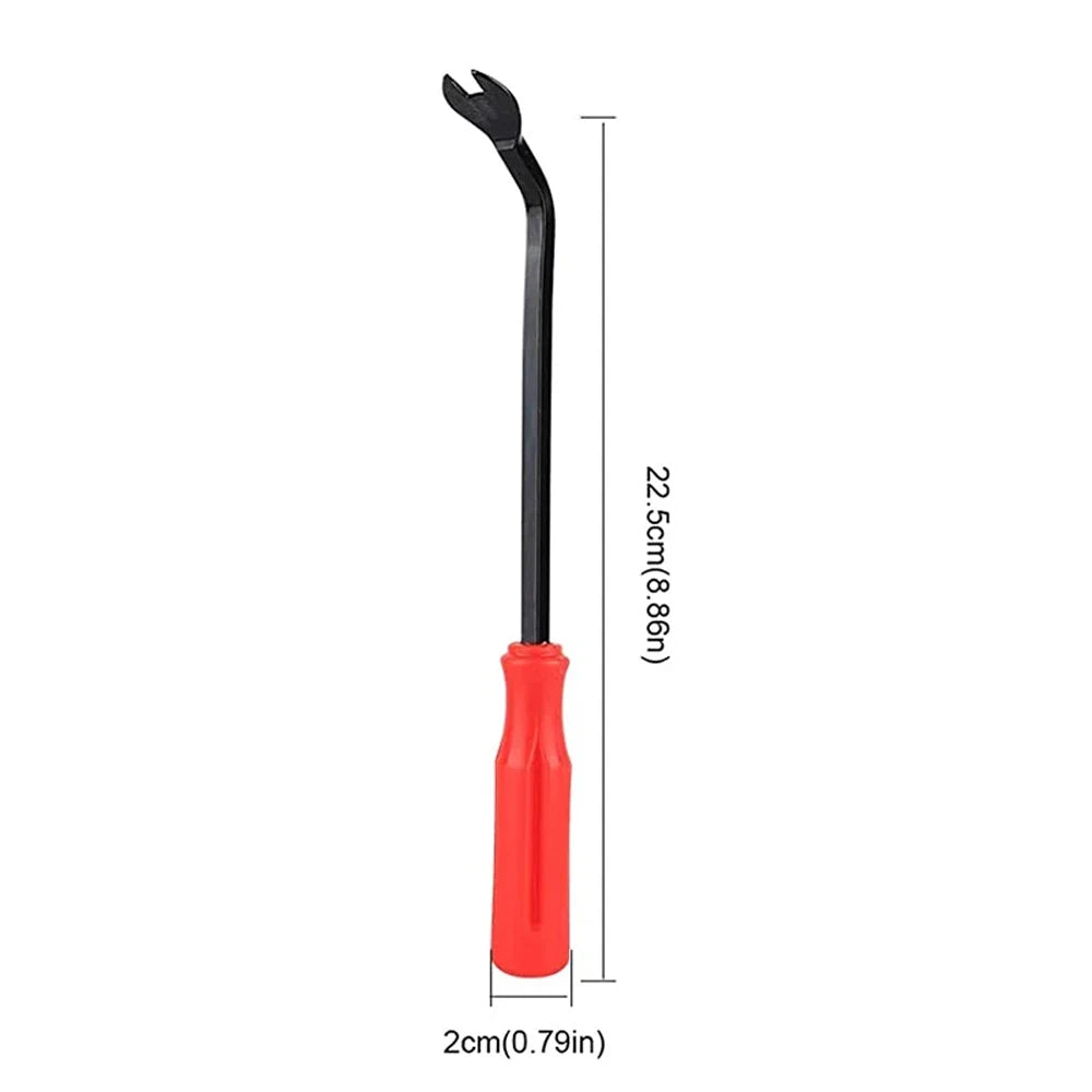A black precision plastic trim and rivet removal tool with a red handle, shown vertically.