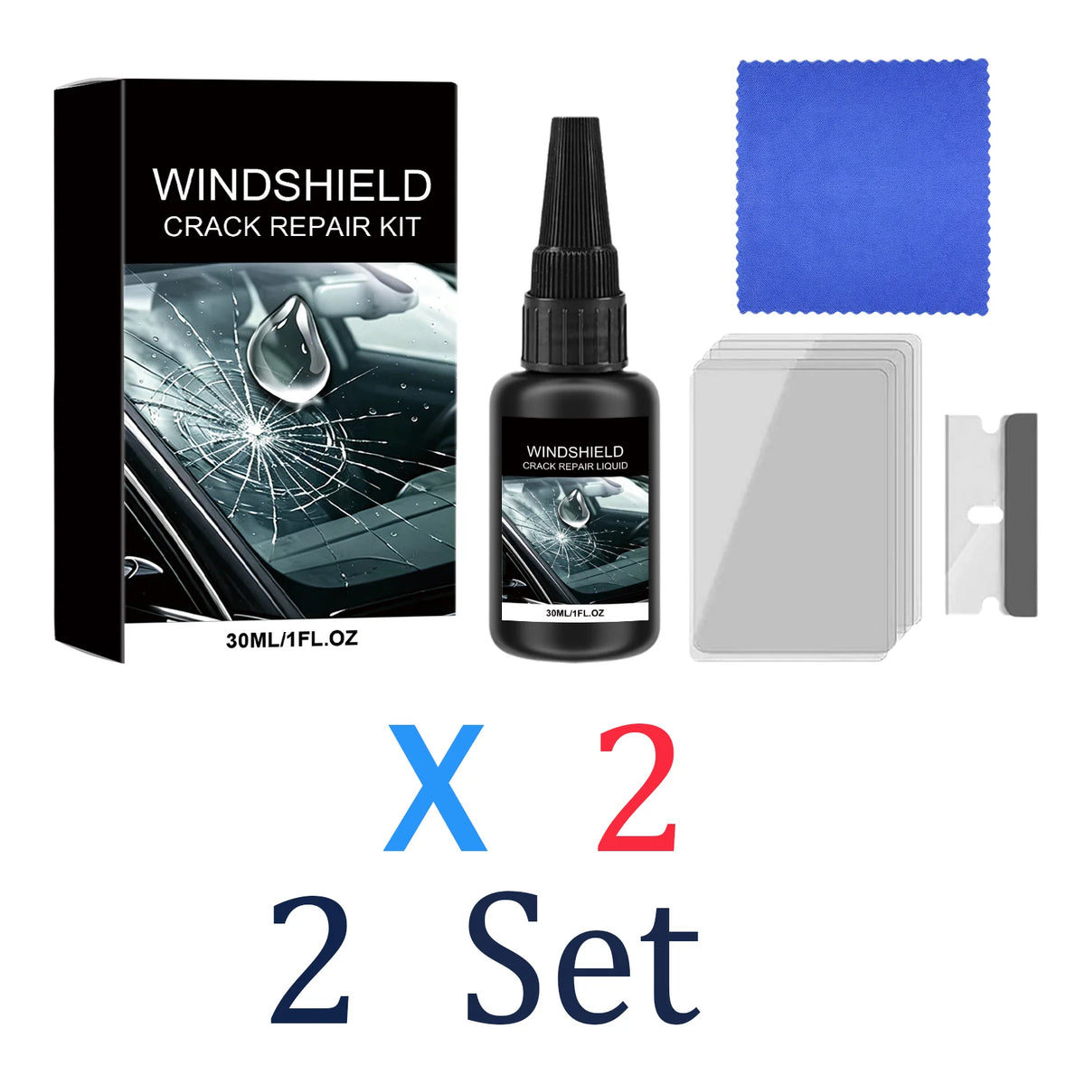 A set of windshield crack repair kits including a liquid, applicator, and blue cleaning cloth.