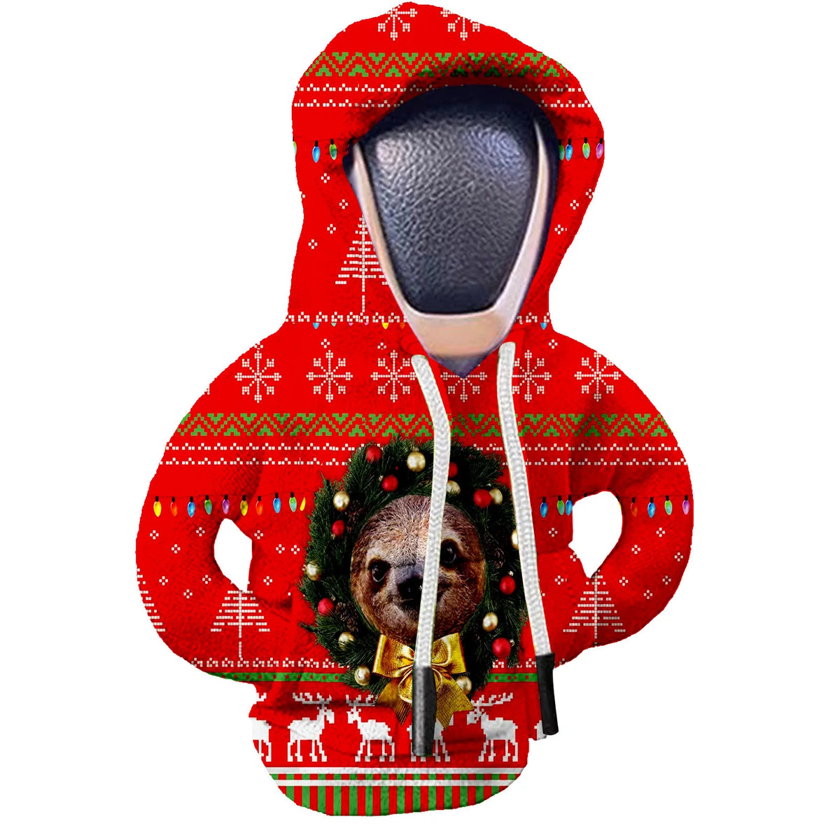 A red knitted hoodie with a festive Christmas pattern and a black shift cover attached.