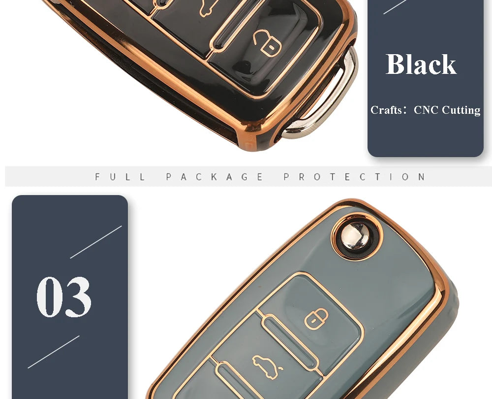 A close-up view of a black silicone TPU car key cover protector with gold accents, showing the key slot and a protective case