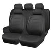 A set of four black PU leather car seat covers for SUVs shown side by side.