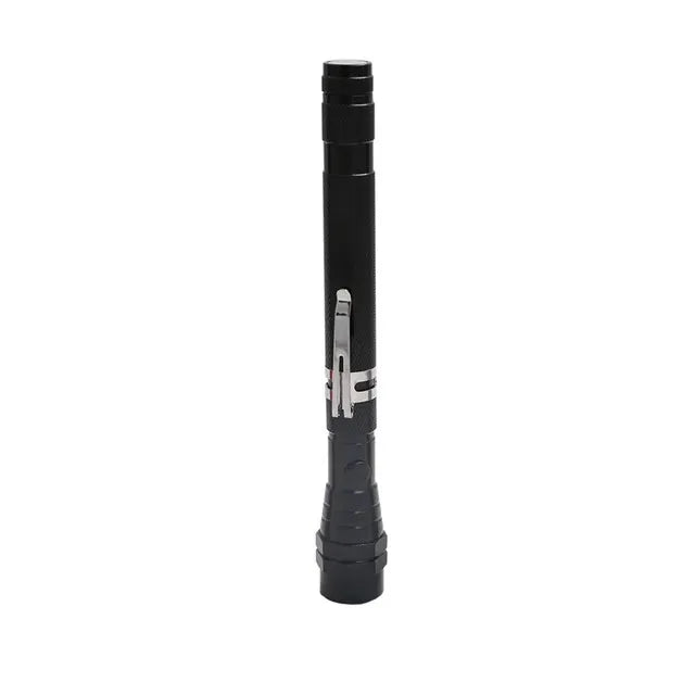 A black 360° flexible magnetic LED flashlight with a cylindrical body and a silver tip.