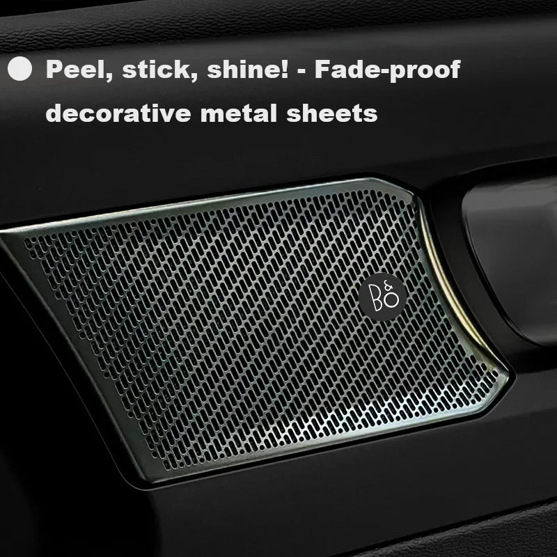 Decorative metal sheets with a fine mesh pattern mounted on a black car panel.