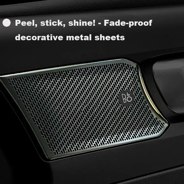 Decorative metal sheets with a fine mesh pattern mounted on a black car panel.