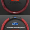 A close-up view of a red carbon fiber steering wheel cover for Ford vehicles, showing two different options.
