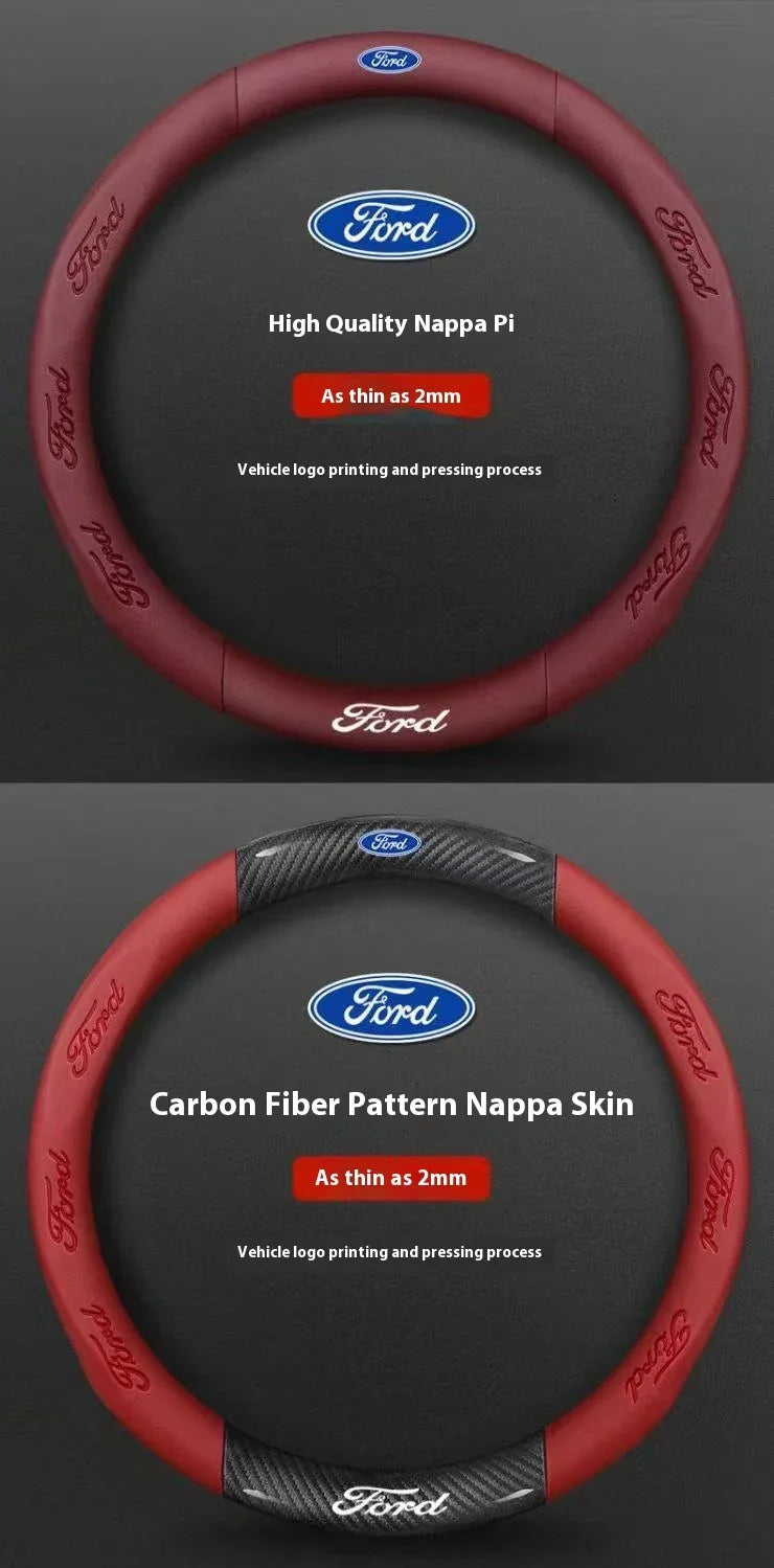 A close-up view of a red carbon fiber steering wheel cover for Ford vehicles, showing two different options.