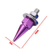 A close-up view of a purple and silver universal M6 license plate screw with a pointed tip, showing its dimensions.