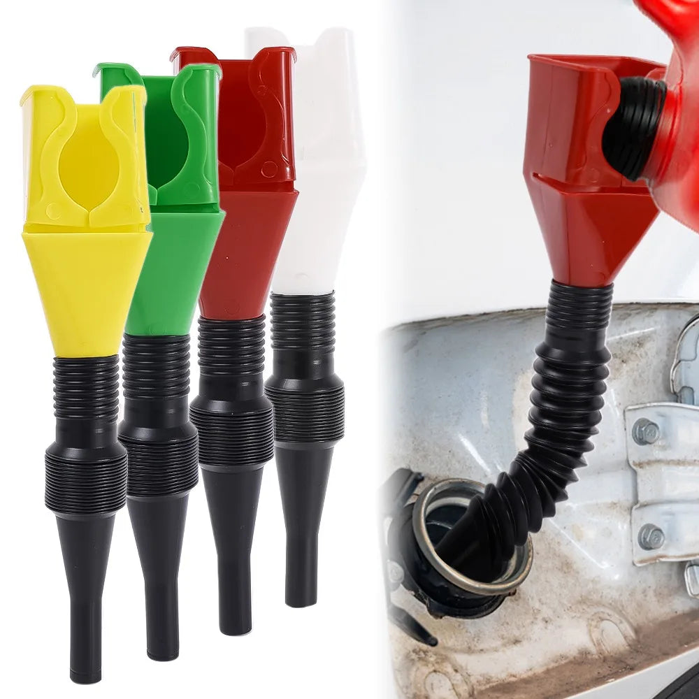 A set of universal car fuel transfer funnels in yellow, green, and red, shown next to a black flexible hose.