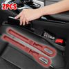 Two red plastic car seat gap filler organizers are shown being used in a car interior.