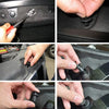Close-up images showing a precision plastic trim and rivet removal tool kit being used to remove automotive trim components.