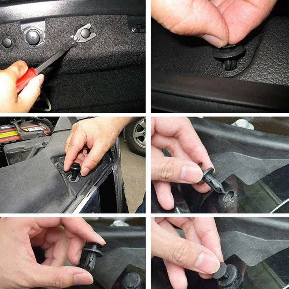 Close-up images showing a precision plastic trim and rivet removal tool kit being used to remove automotive trim components.