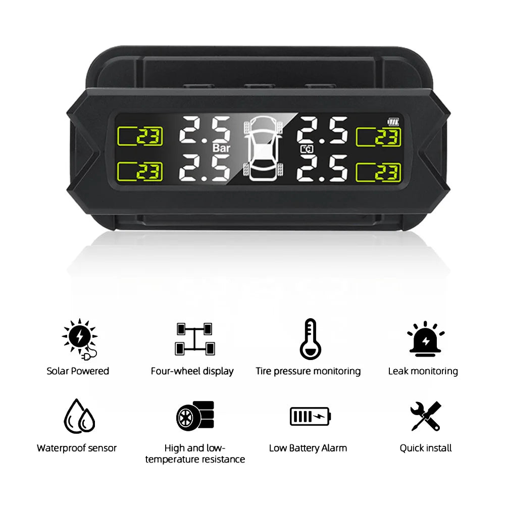 Black portable solar tire pressure monitoring system with a digital display and various sensor features