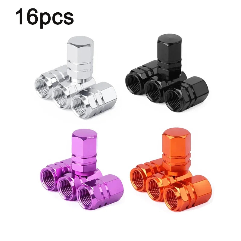 A set of 16 aluminum alloy tire valve caps in various colors including silver, black, purple, and orange.