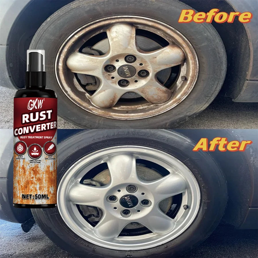 Before and after comparison of a car wheel, showing rust conversion treatment spray application.