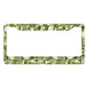 A license plate cover featuring a camouflage pattern of olive green and brown foliage.