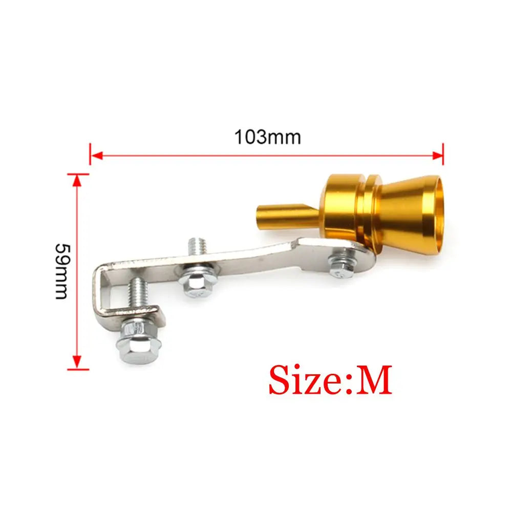 A brass turbo sound exhaust whistle with a silver mounting bracket and measurement lines.