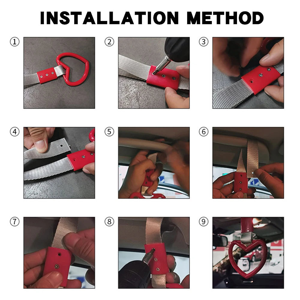 Installation method showing the process of attaching a red handle accessory to an automotive part.