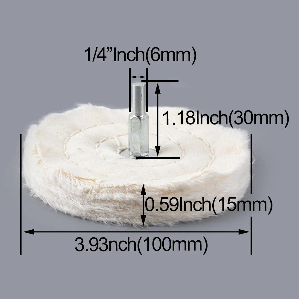 A white felt polishing wheel with a metal rod, showing its dimensions.