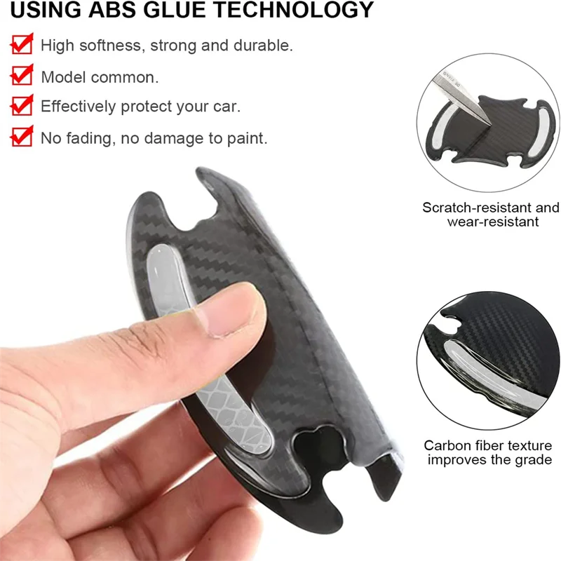 A hand holds a black car door handle reflective protection sticker featuring a carbon fiber texture.
