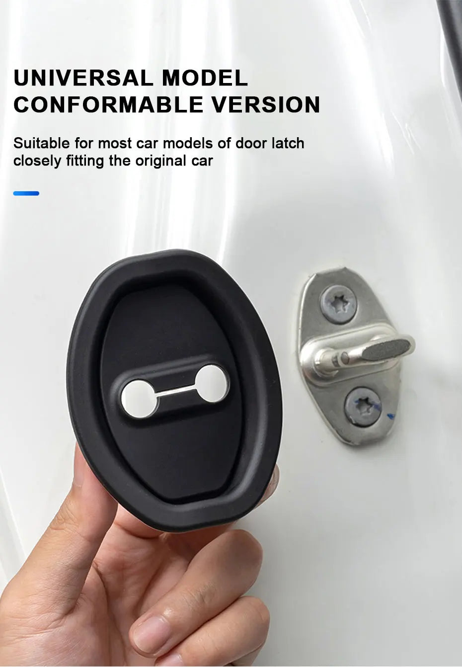 Une main tient un cache-latch en silicone noir, conçu pour s'adapter à divers modèles de voiture.