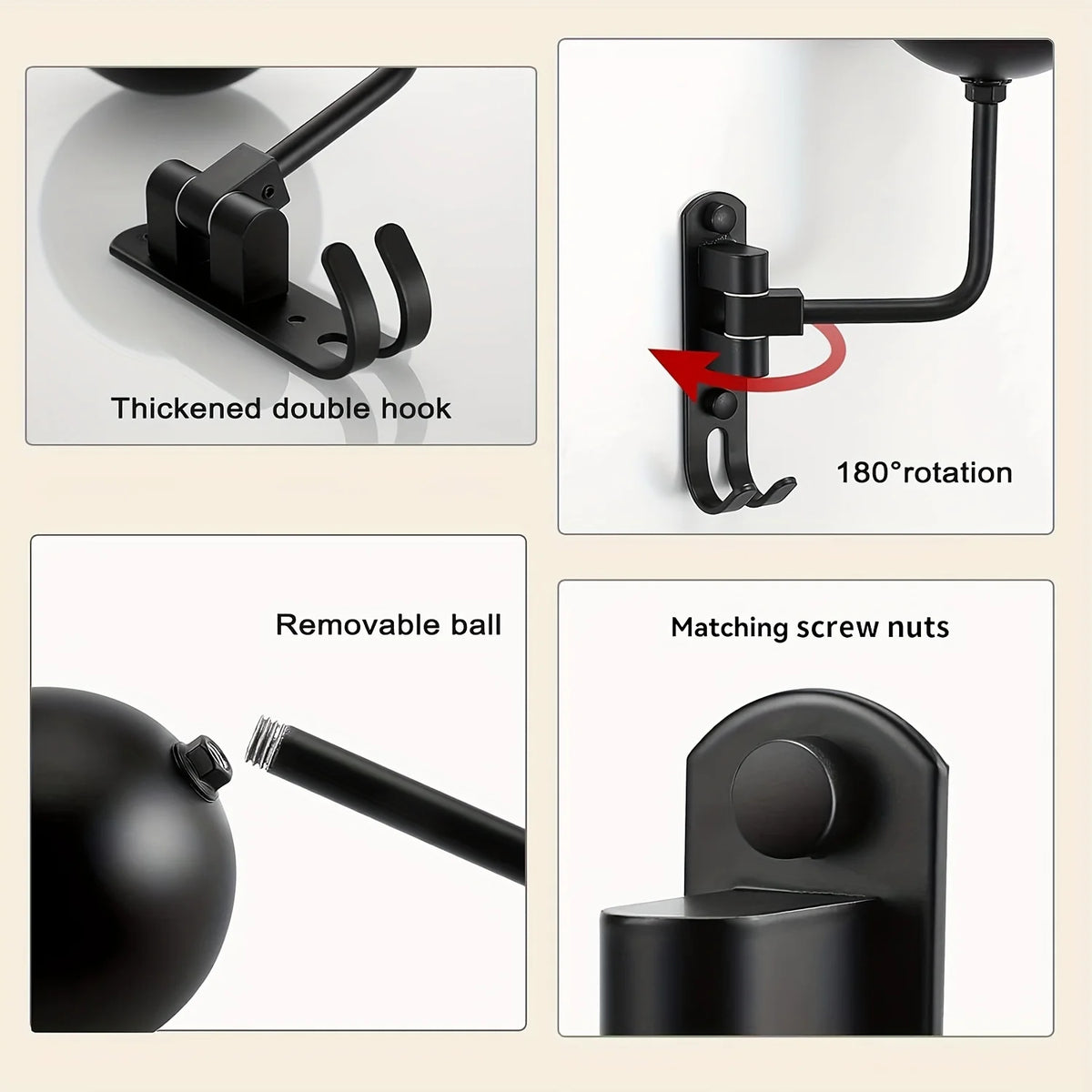 Gros plan sur un support de casque de moto noir à rotation de 180°, montrant un double crochet épaissi, une boule amovible et