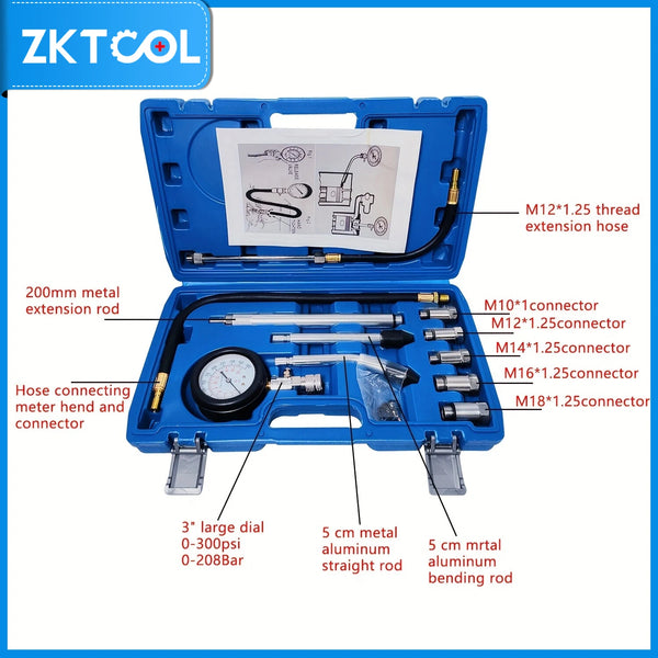 Blue portable engine compression tester kit with various metal rods and connectors for testing.