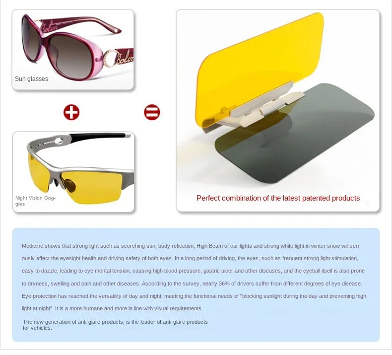 Yellow and black HD anti-glare car sun visor with dual-purpose vision lenses shown in various forms.