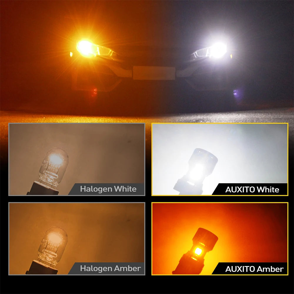 Comparison of Halogen White and Amber light sources with AUXITO White and Amber LED turn signals.