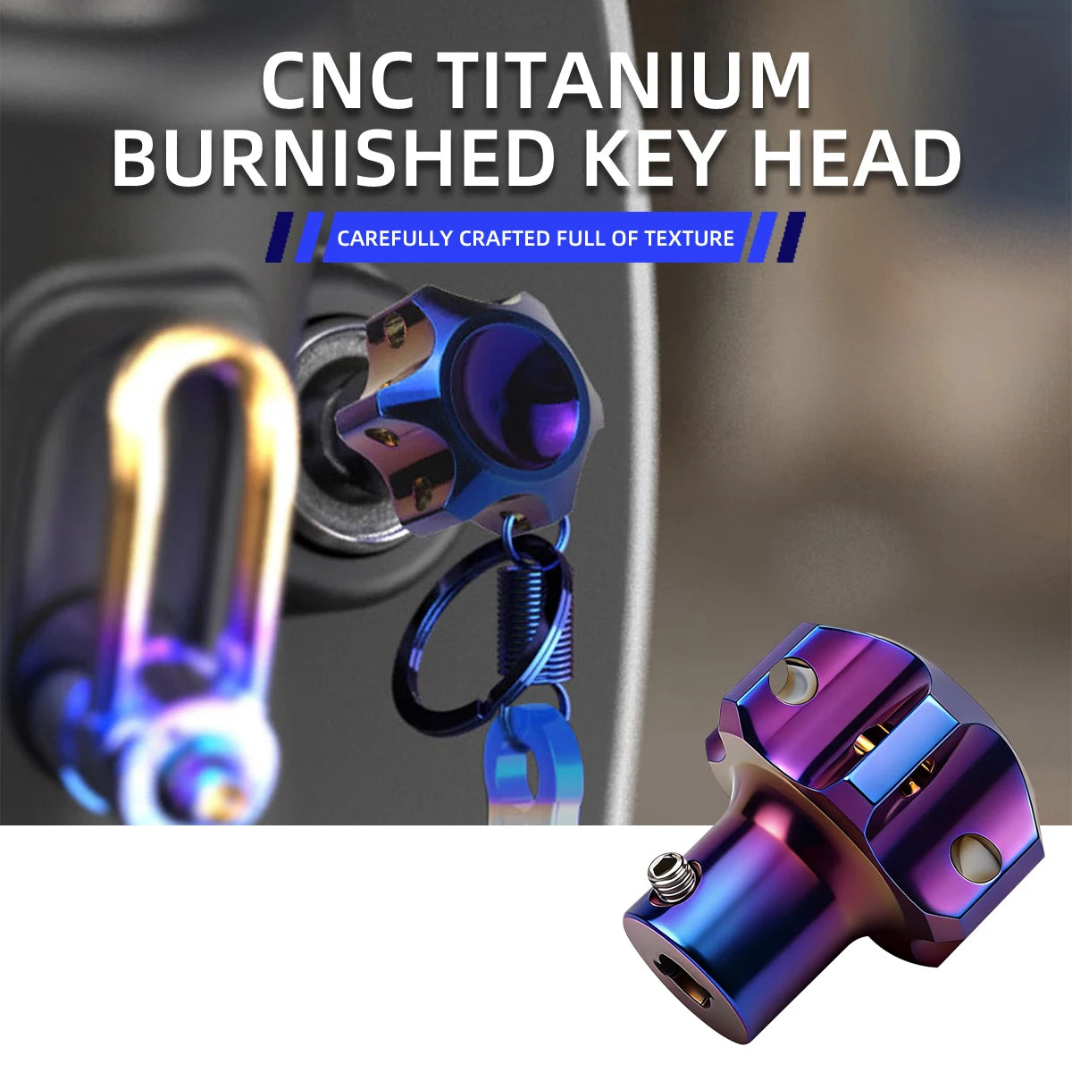 A close-up view of a finished CNC titanium burnished key head, showing its texture and detail.