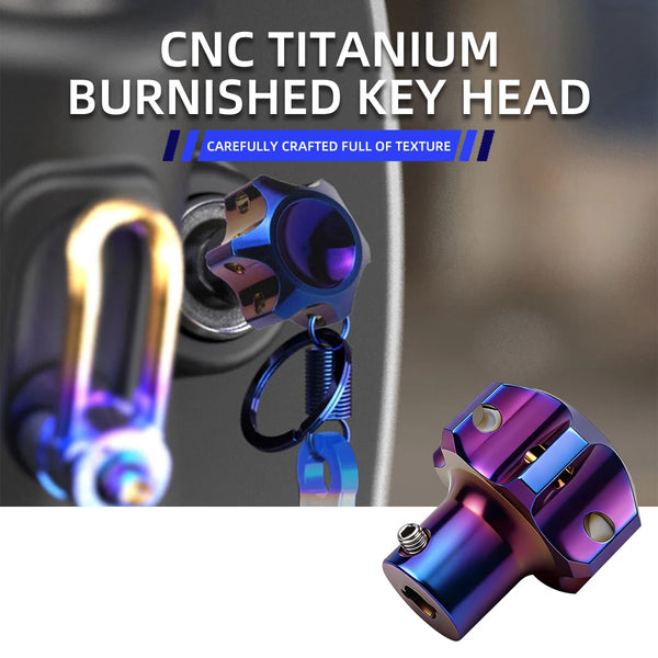 A close-up view of a finished CNC titanium burnished key head, showing its texture and detail.