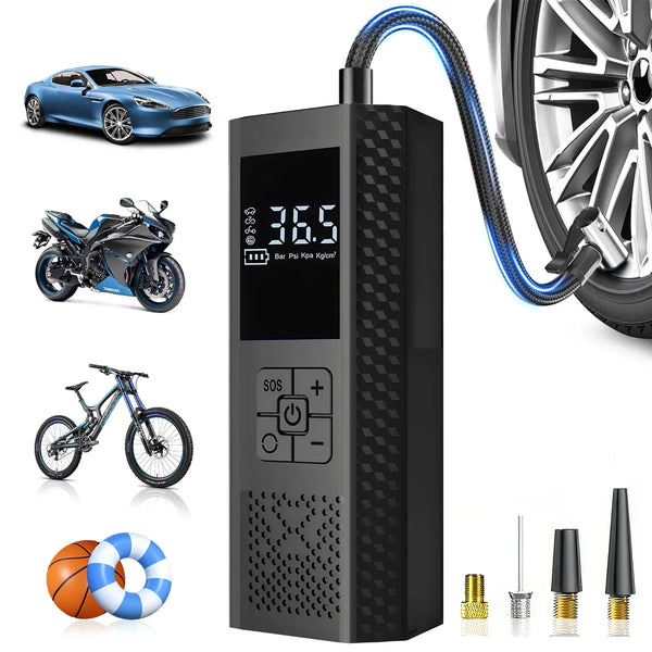 A portable electric tire inflator and air compressor device with a black body, blue hose, and various tools shown.