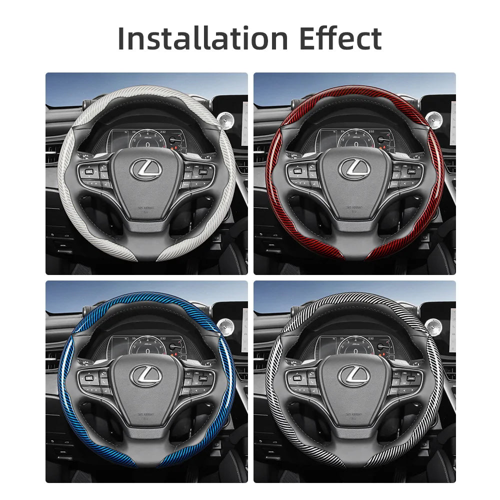 Installation effect showing different colored carbon fiber steering wheel covers on a Lexus interior.