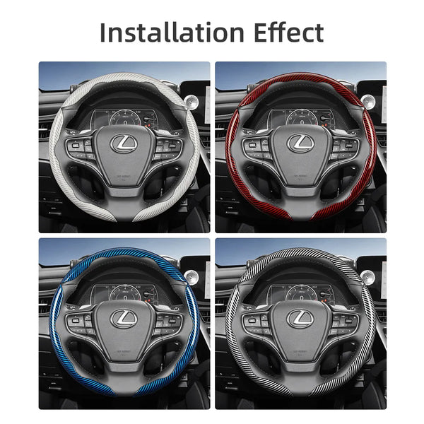 Installation effect showing different colored carbon fiber steering wheel covers in a Lexus interior.