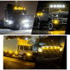 Three images showing round LED side marker lights installed on a heavy-duty truck, a pickup truck, and a commercial truck.