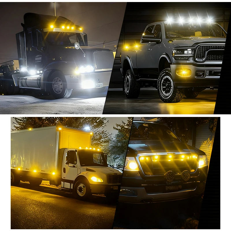 Three images showing round LED side marker lights installed on a heavy-duty truck, a pickup truck, and a commercial truck.