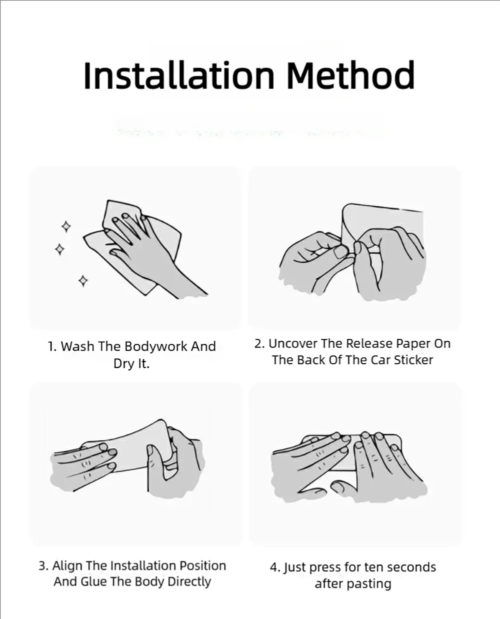 Four steps illustrating how to install universal reflective safety stickers on a car wheel.