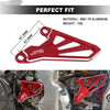 Red CNC aluminum front sprocket cover for dirt bikes shown in detail.