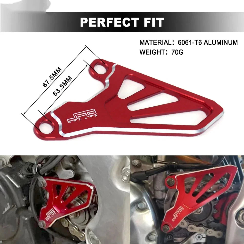 Red CNC aluminum front sprocket cover for dirt bikes shown in detail.